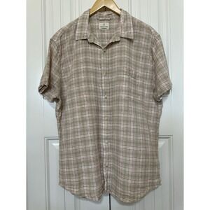 Mutual Weave Men's Shirt XL Beige Linen Cotton Blend Strip Plaid Casual Classic